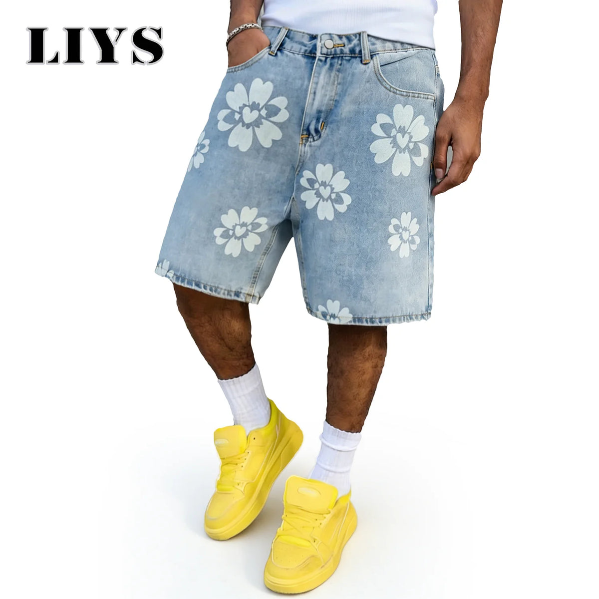 Flower Print Wide Leg Jeans – Men's Y2K Casual Bermuda