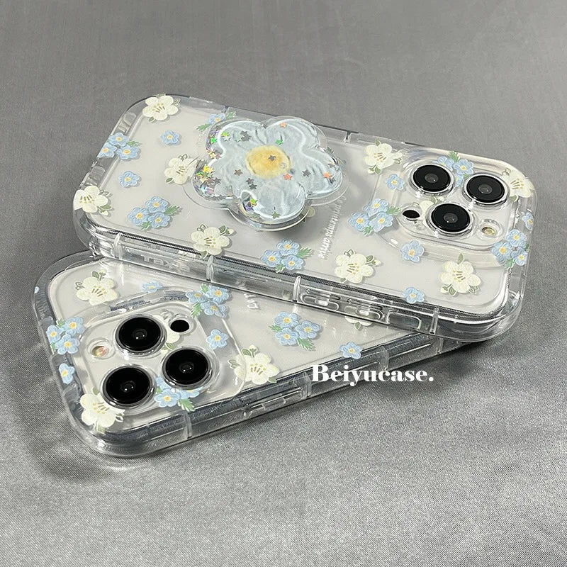 Flower Quicksand Grip Phone Case with Pop Holder – Clear Floral TPU Cover