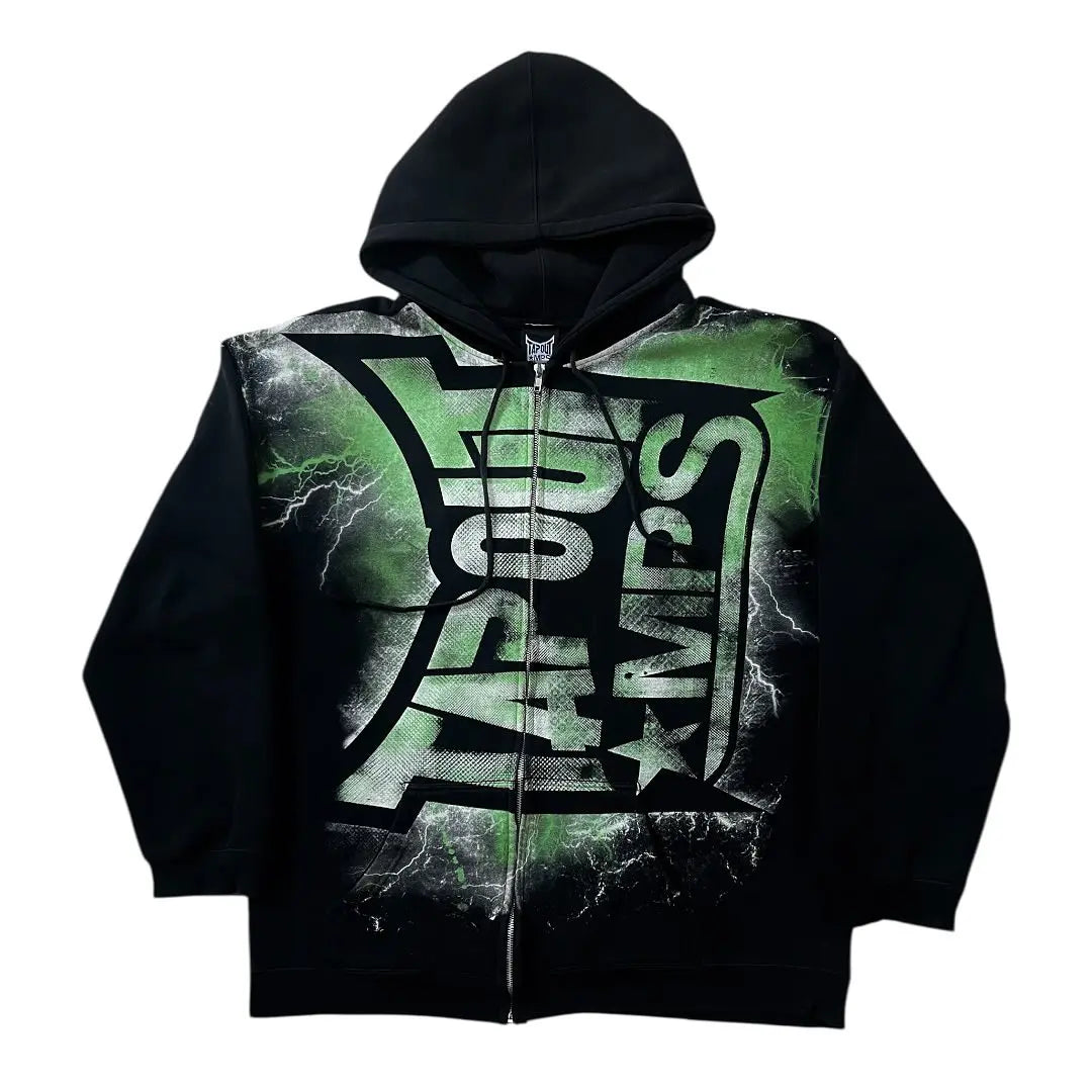 Green Tapout Graphic Zip Hoodie – Y2K Hip Hop Oversized Sweatshirt