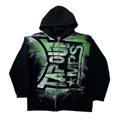 Green Tapout Graphic Zip Hoodie – Y2K Hip Hop Oversized Sweatshirt