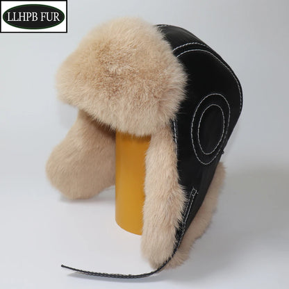 Winter Ushanka Trapper Hat with Rabbit Fur & Leather Earflaps
