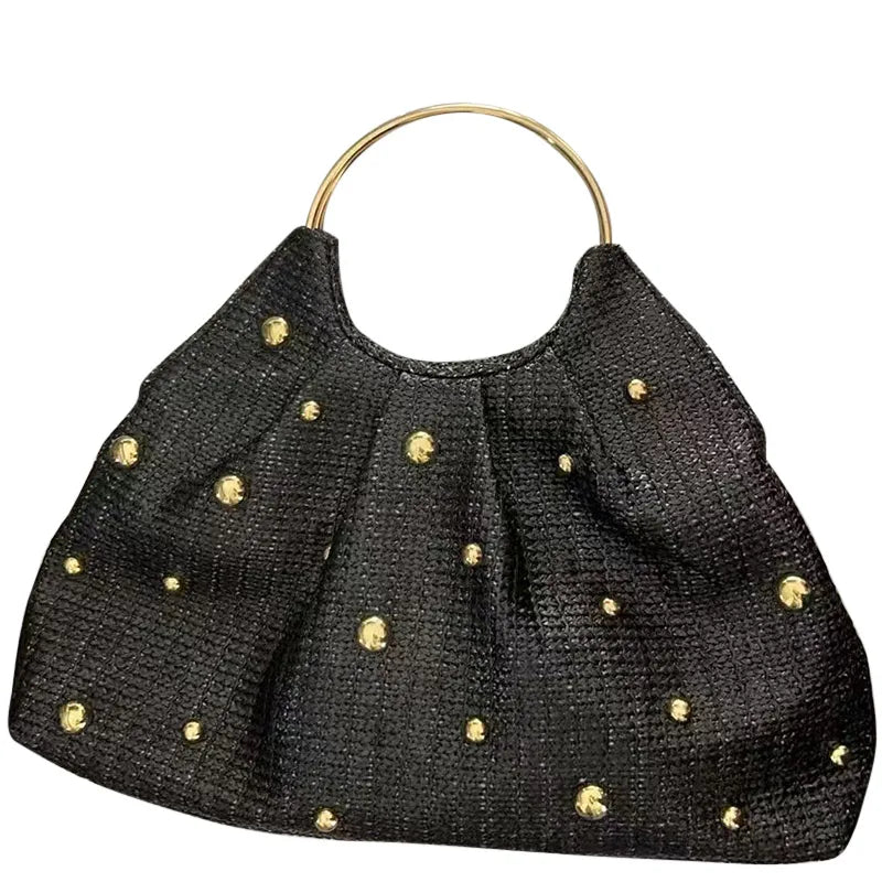 Boho Beaded Straw Handbag Elegant Circle Handle Clutch