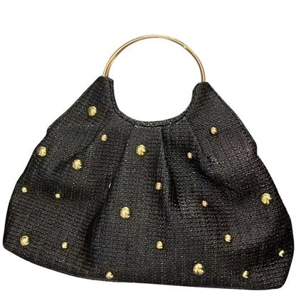Boho Beaded Straw Handbag Elegant Circle Handle Clutch