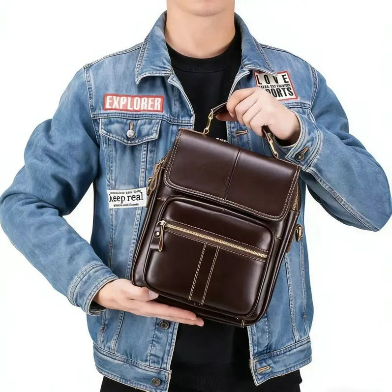 Genuine Leather Men's Crossbody Bag – Vintage Coffee Brown