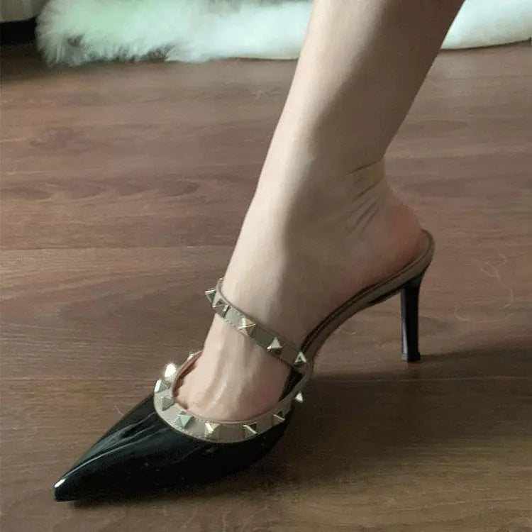Rivet Pointed-Toe Stiletto Mule Heels with Ankle Strap