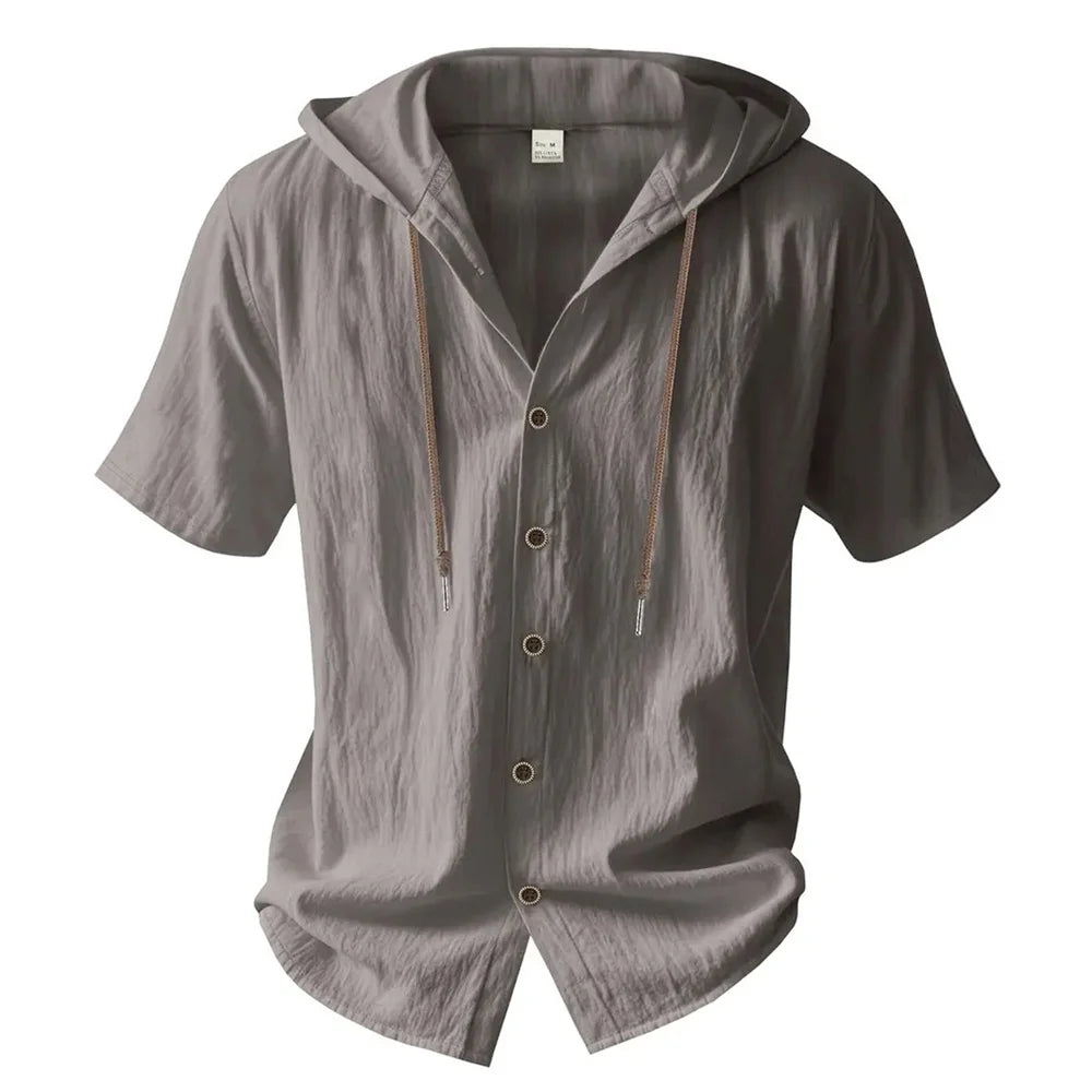Men's Cotton Linen Hooded Shirt – Short Sleeve Button-Up with Drawstring