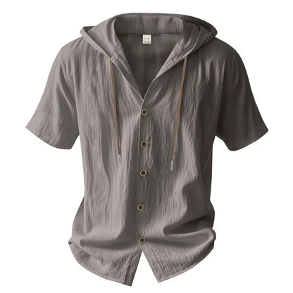 Men's Cotton Linen Hooded Shirt – Short Sleeve Button-Up with Drawstring