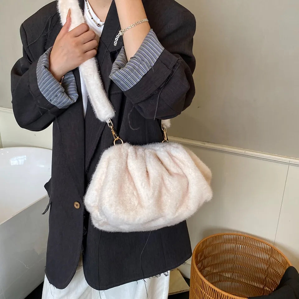 Winter Mink Fur Wrinkle Shoulder Crossbody Bags