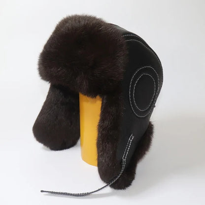 Winter Ushanka Trapper Hat with Rabbit Fur & Leather Earflaps