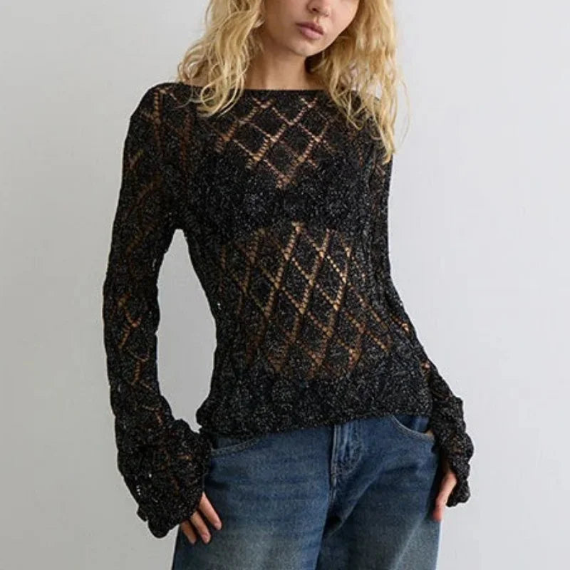 Crochet Mesh Top Women – Sheer Glitter Long Sleeve Shirt