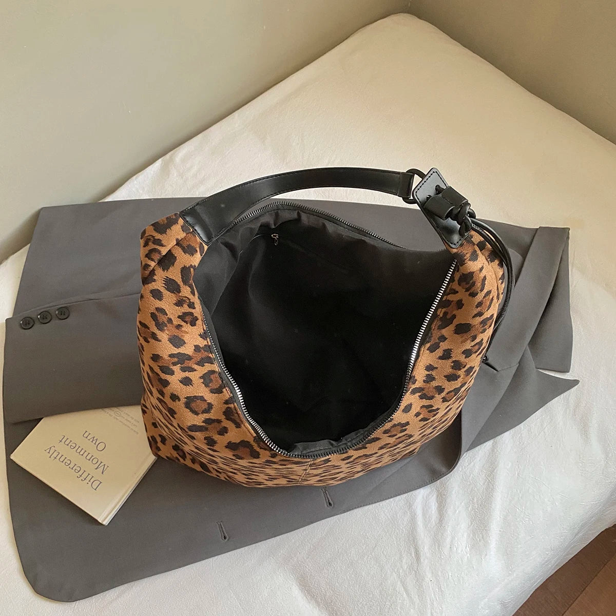 Leopard Print Shoulder Bag – Women's Large Suede Hobo Tote