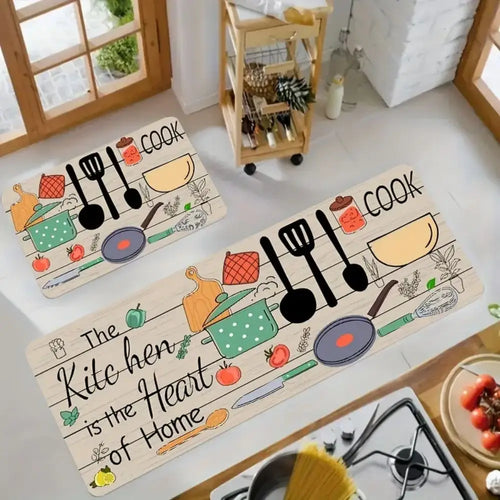 Kitchen Floor Mat Set – Wood-Grain Print, 2-Piece Home Decor Rug
