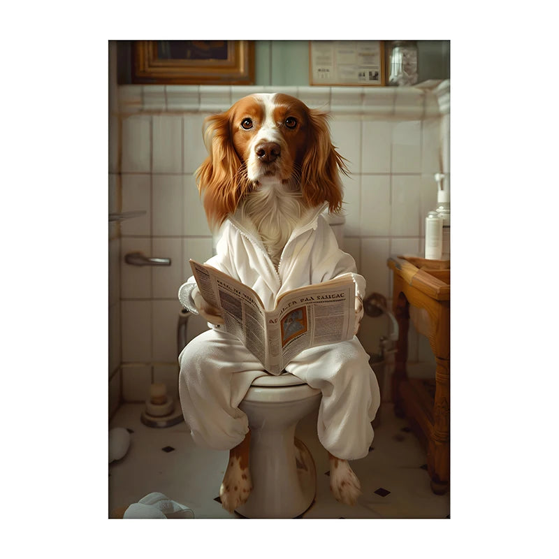 Funny Dog Bathroom Poster – Dog Reading Newspaper on Toilet Wall Art