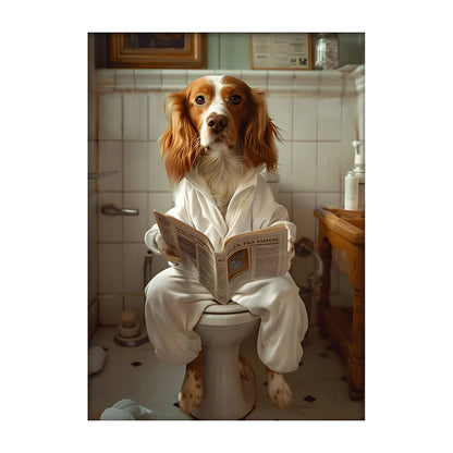 Funny Dog Bathroom Poster – Dog Reading Newspaper on Toilet Wall Art
