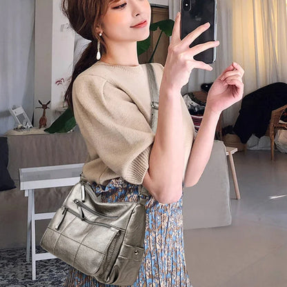 Genuine Leather Shoulder Bag Multi-Pocket Crossbody Handbag