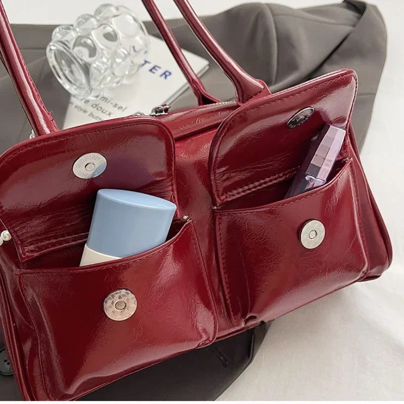 Solid Sewing Thread Fashion Glossy PU Shoulder Bags