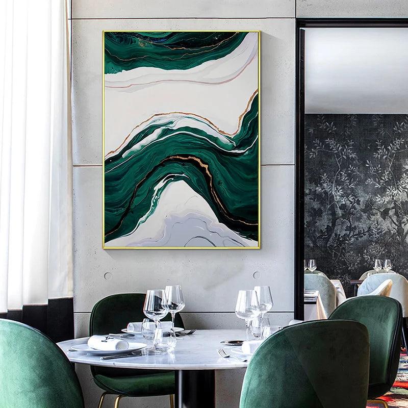 Nordic Abstract Green Gold Foil Wall Art Poster – Marble Canvas Print