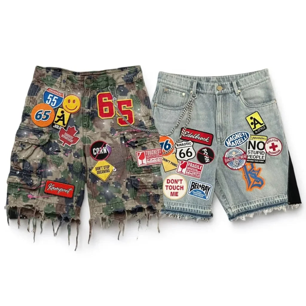 Y2K Camo Embroidery Denim Shorts – Unisex Streetwear