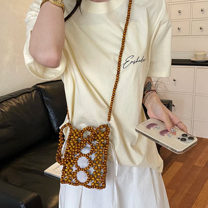 Wooden Bead Crossbody Bag – Handcrafted Hollow Woven Design