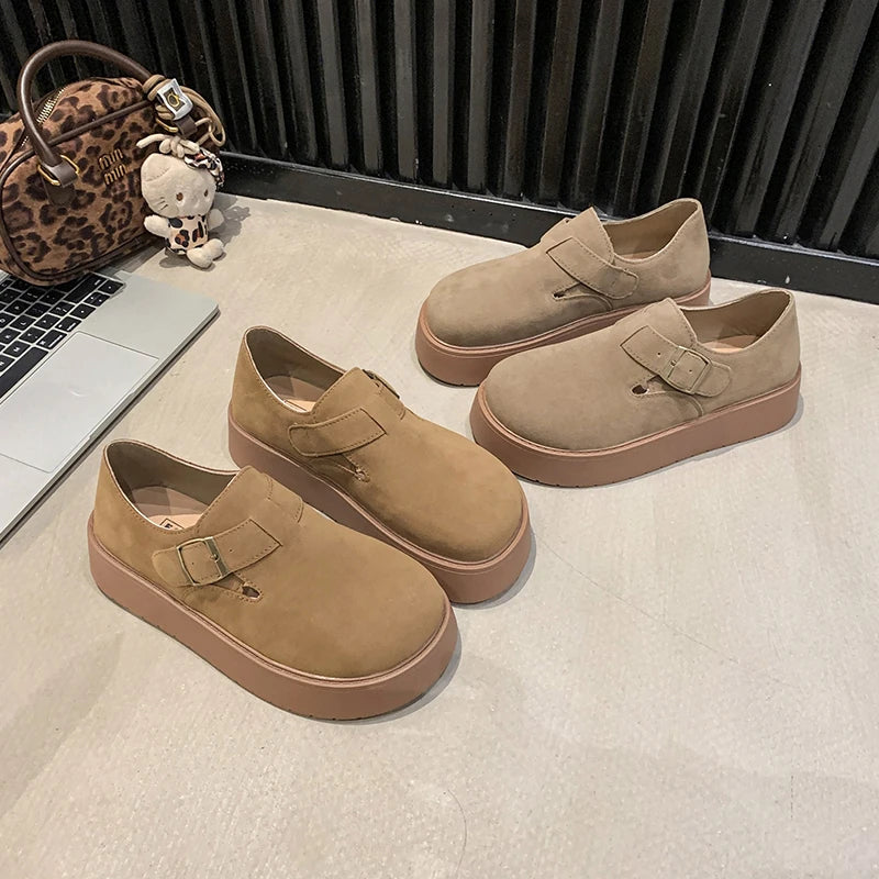 Women's Platform Suede Loafers with Buckle Strap