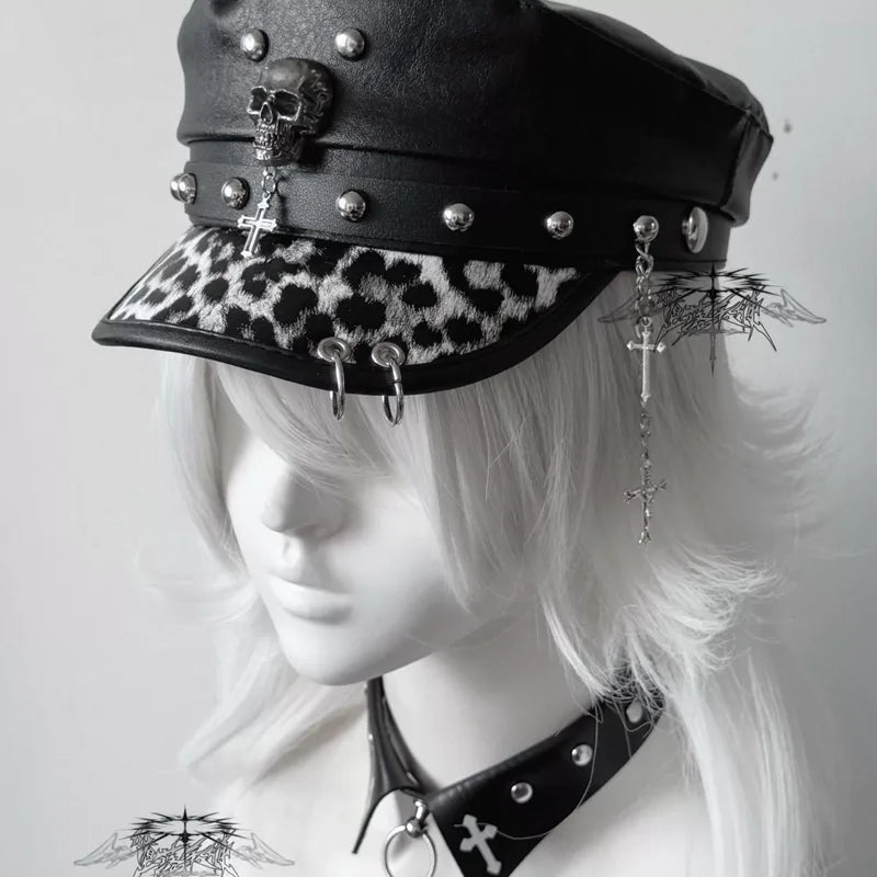 Punk Skull Military Cap – Women's Y2K PU Leather Flat Top Hat with Rivets & Chain