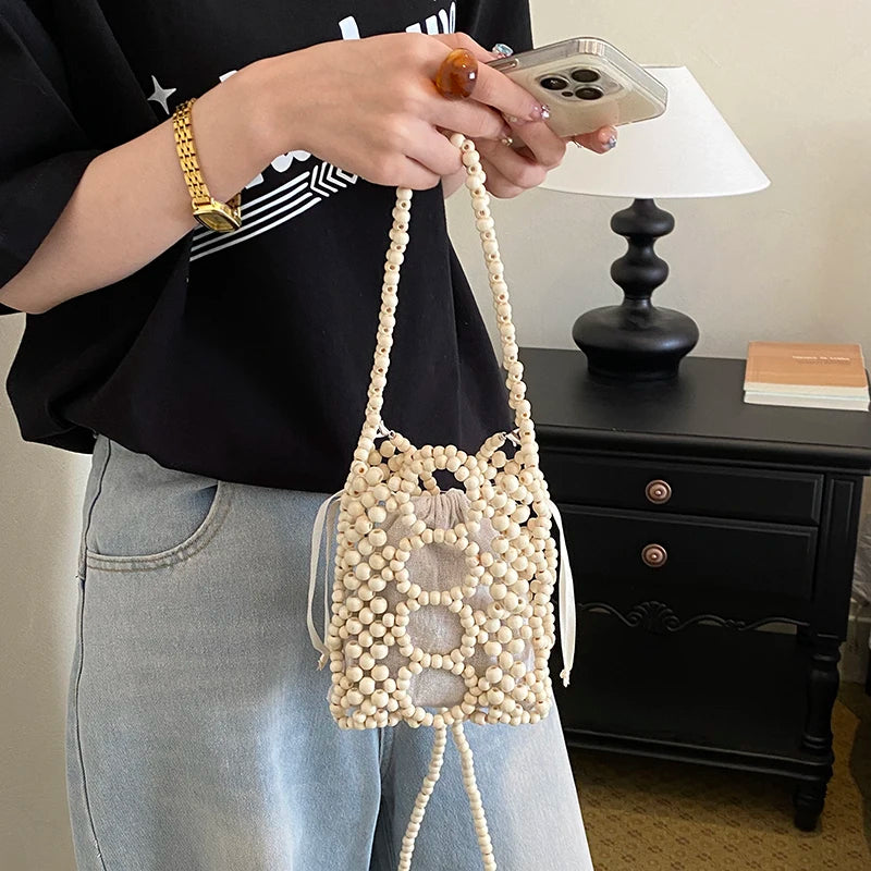 Wooden Bead Crossbody Bag – Handcrafted Hollow Woven Design