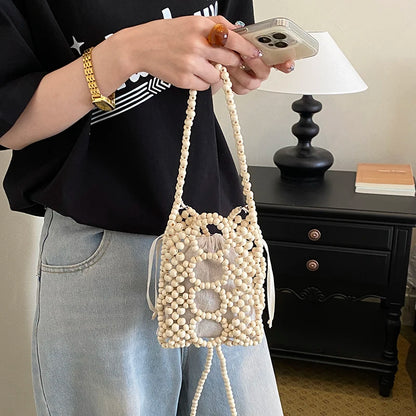 Wooden Bead Crossbody Bag – Handcrafted Hollow Woven Design