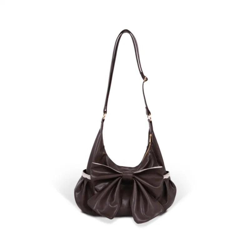 Korean Retro Bow Lace Tote Bag Women Brown Soft Leather Large Capacity