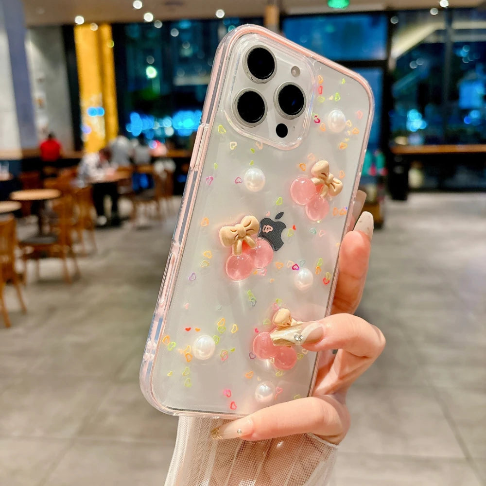 3D Cherry Love Heart iPhone Case – Cute Epoxy Shockproof Cover