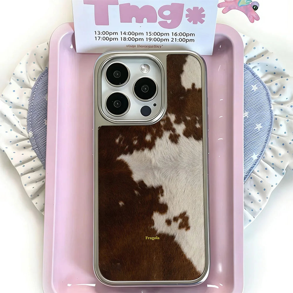 Cowhide Print iPhone Case with Silver Camera Frame – iPhone 11–17 Pro Max Air