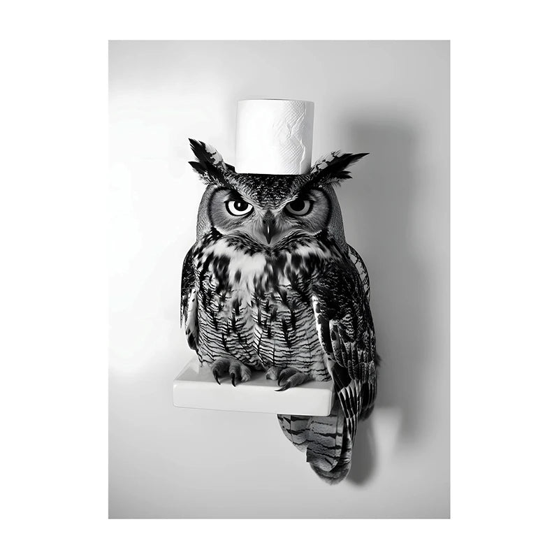 Funny Bathroom Wall Art Poster – Black & White Animal Toilet Paper Print