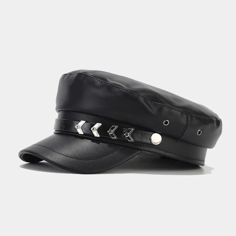 PU Leather Newsboy Cap Vintage Flat Military Hat