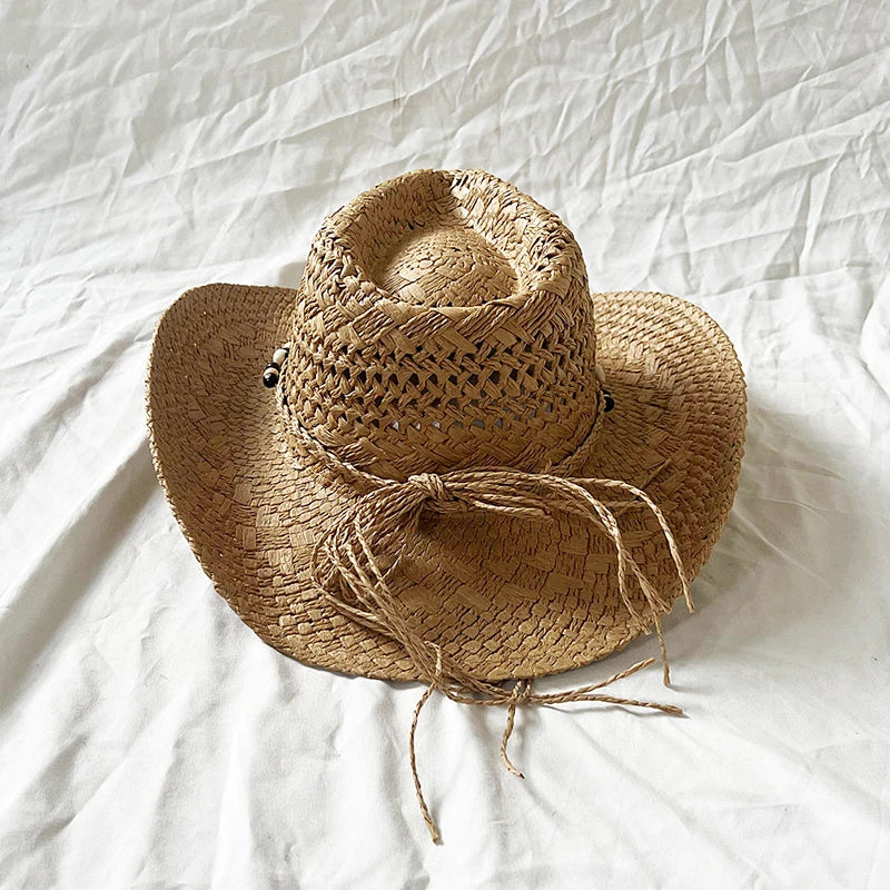 Straw Cowgirl Hat Bohemian Shell Bead Wide Brim Handmade Beach Sun Hat