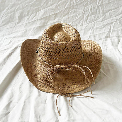 Straw Cowgirl Hat Bohemian Shell Bead Wide Brim Handmade Beach Sun Hat