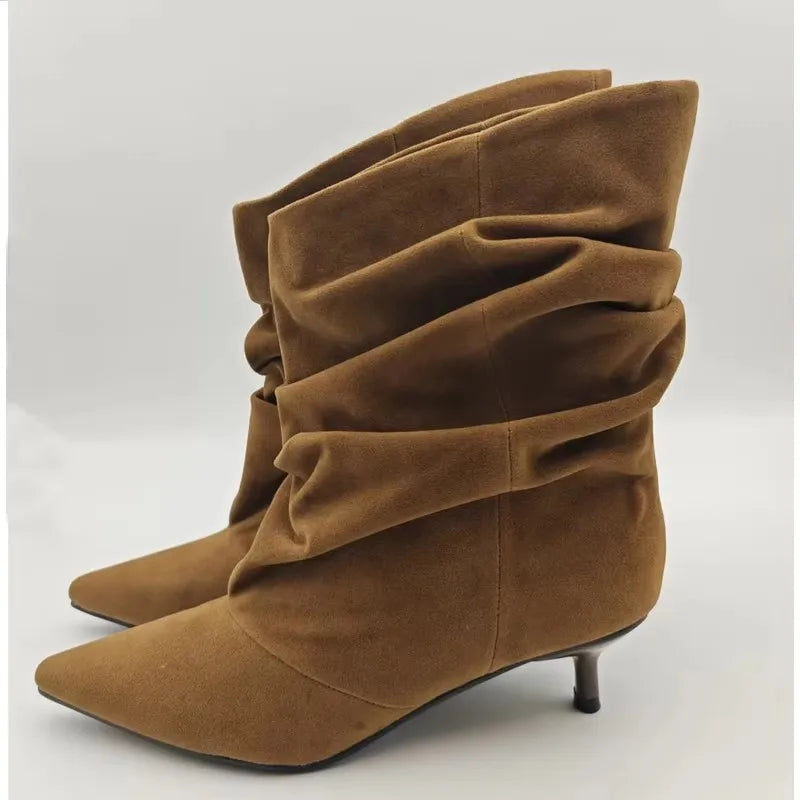 Pleated Suede Knee-High Boots Women Pointed Toe Kitten Heel