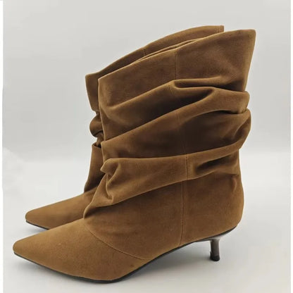 Pleated Suede Knee-High Boots Women Pointed Toe Kitten Heel