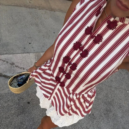Frog Button Stand Collar Striped Crop Top – Y2K Women's Peplum Blouse