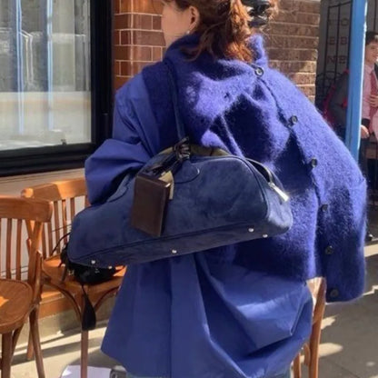 Vintage Blue Women High Street Suede Surface Chic Casual Handbag