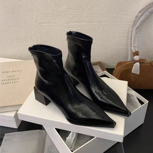Women's Pointed Toe Ankle Boots – Square Mid Heel Short Boots