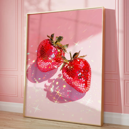 Disco Strawberry Wall Art Print – Pink Glitter Fruit Poster