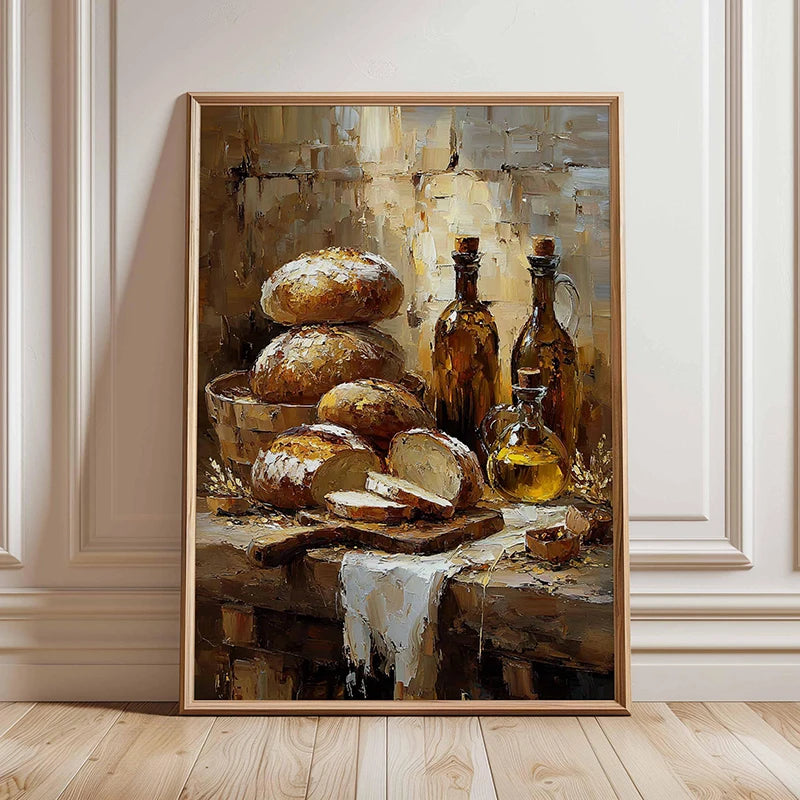 Rustic Kitchen Still Life Poster Vintage Bread Art Print Canvas Oil Painting Style Wall Picture