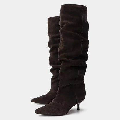 Pleated Suede Knee-High Boots Women Pointed Toe Kitten Heel