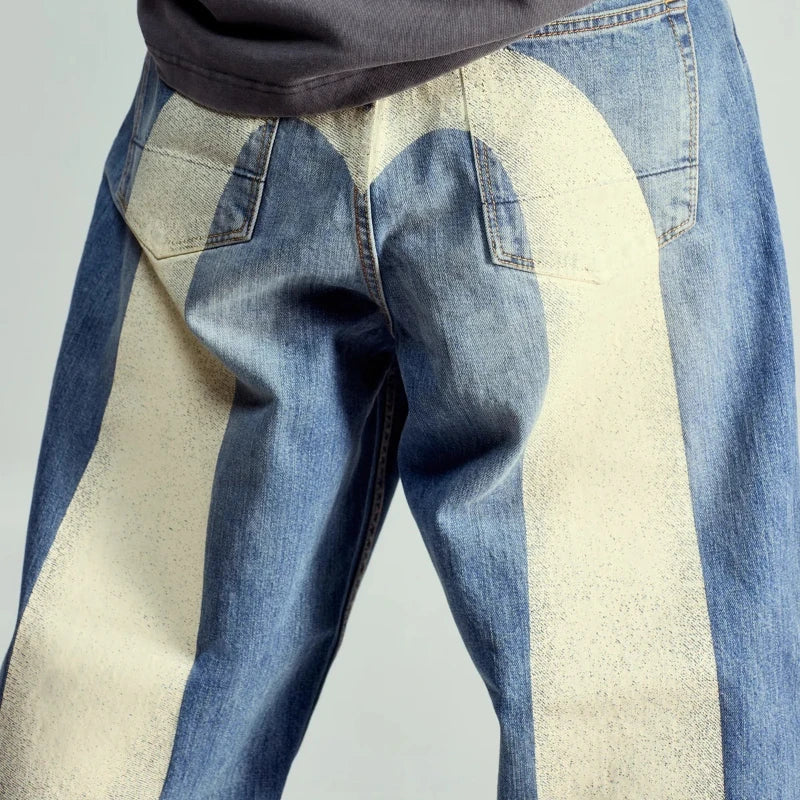 Mens Jeans Print Waist Straight Leg Denim Pants Harajuku Unisex Loose Fit Tapered Casual Streetwear