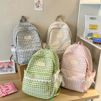 Cute Girls School Backpack – Large Capacity Plaid Daypack with Lace Trim