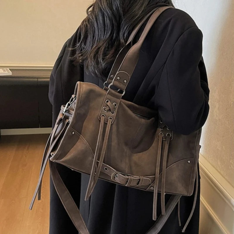 Retro Motorcycle Handbag Women Horizontal Tote Storage