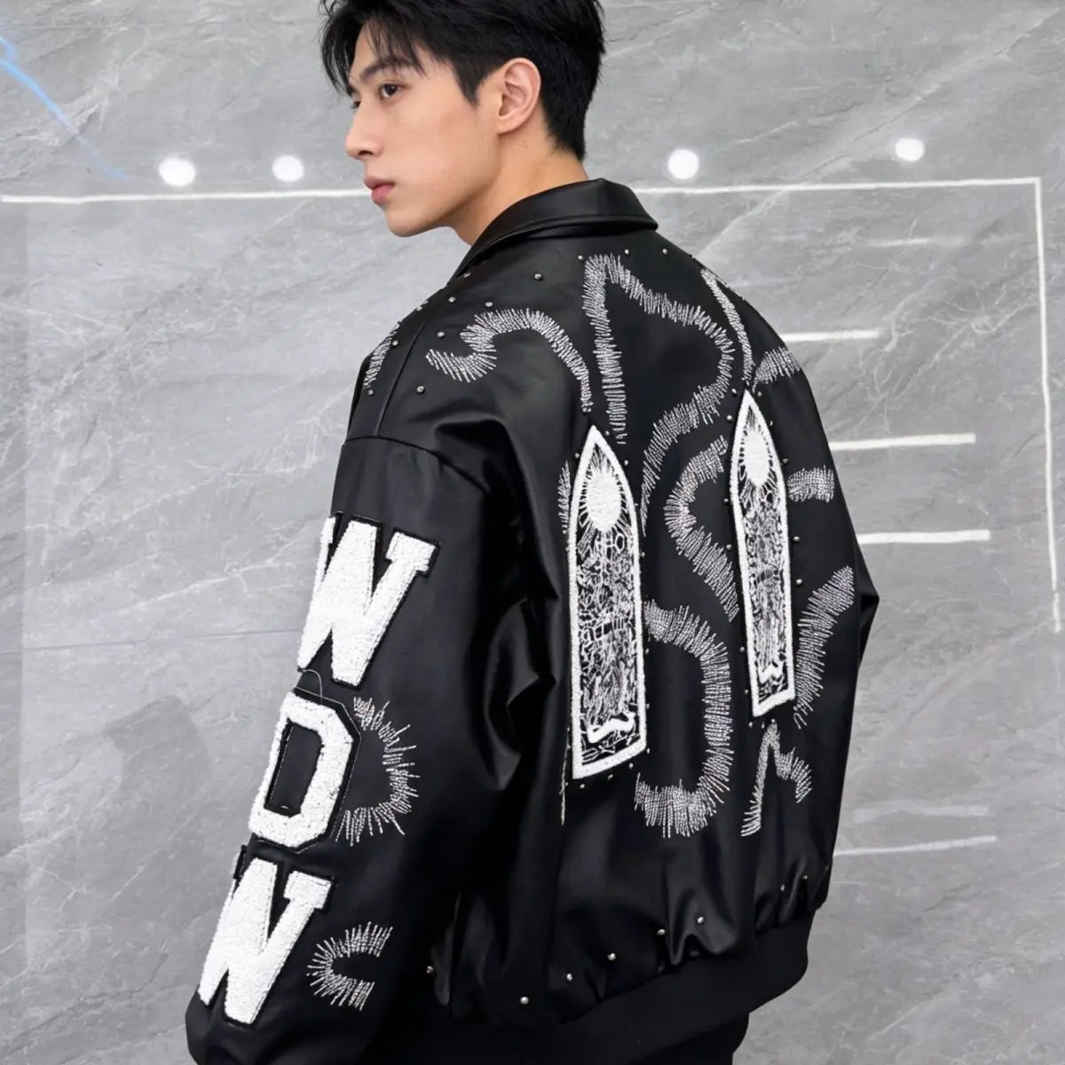 Embroidered PU Leather Bomber Jacket – Men's Hip Hop Streetwear Coat