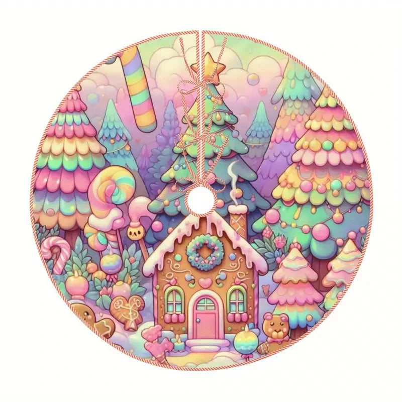 Christmas Tree Skirt – Gingerbread House Rainbow Candy Design