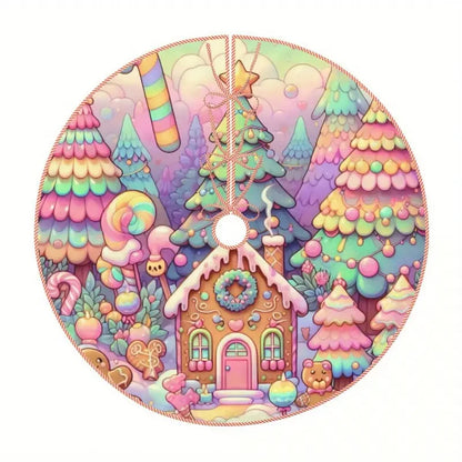 Christmas Tree Skirt – Gingerbread House Rainbow Candy Design