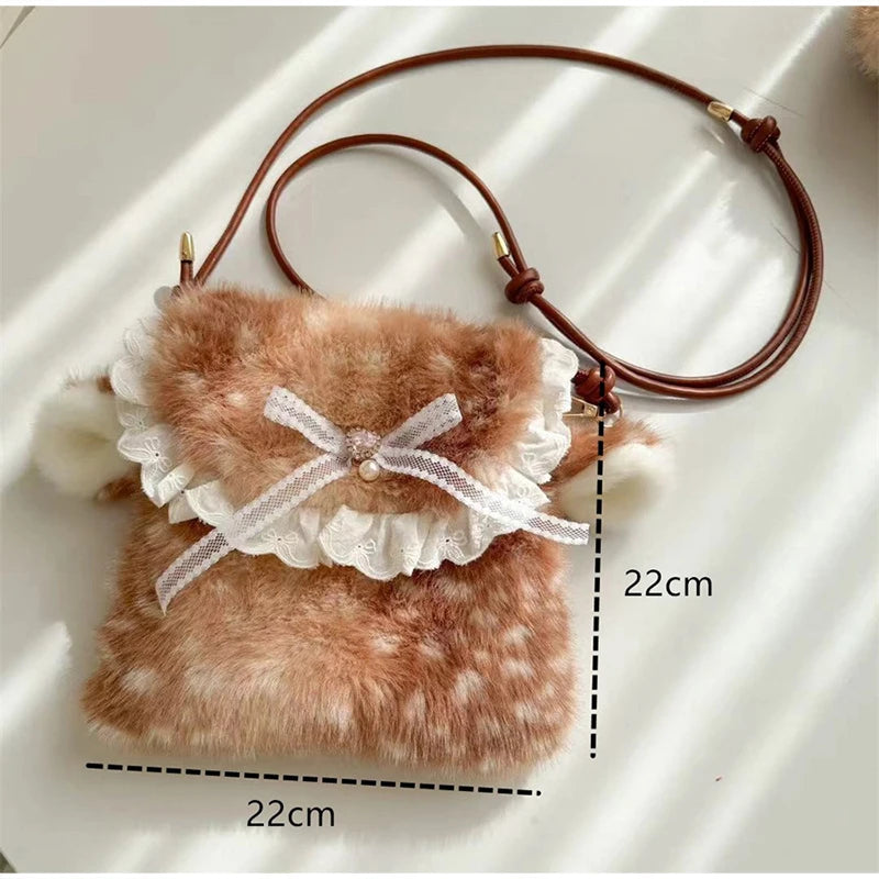 Women Plush Deer Spotted Handbag