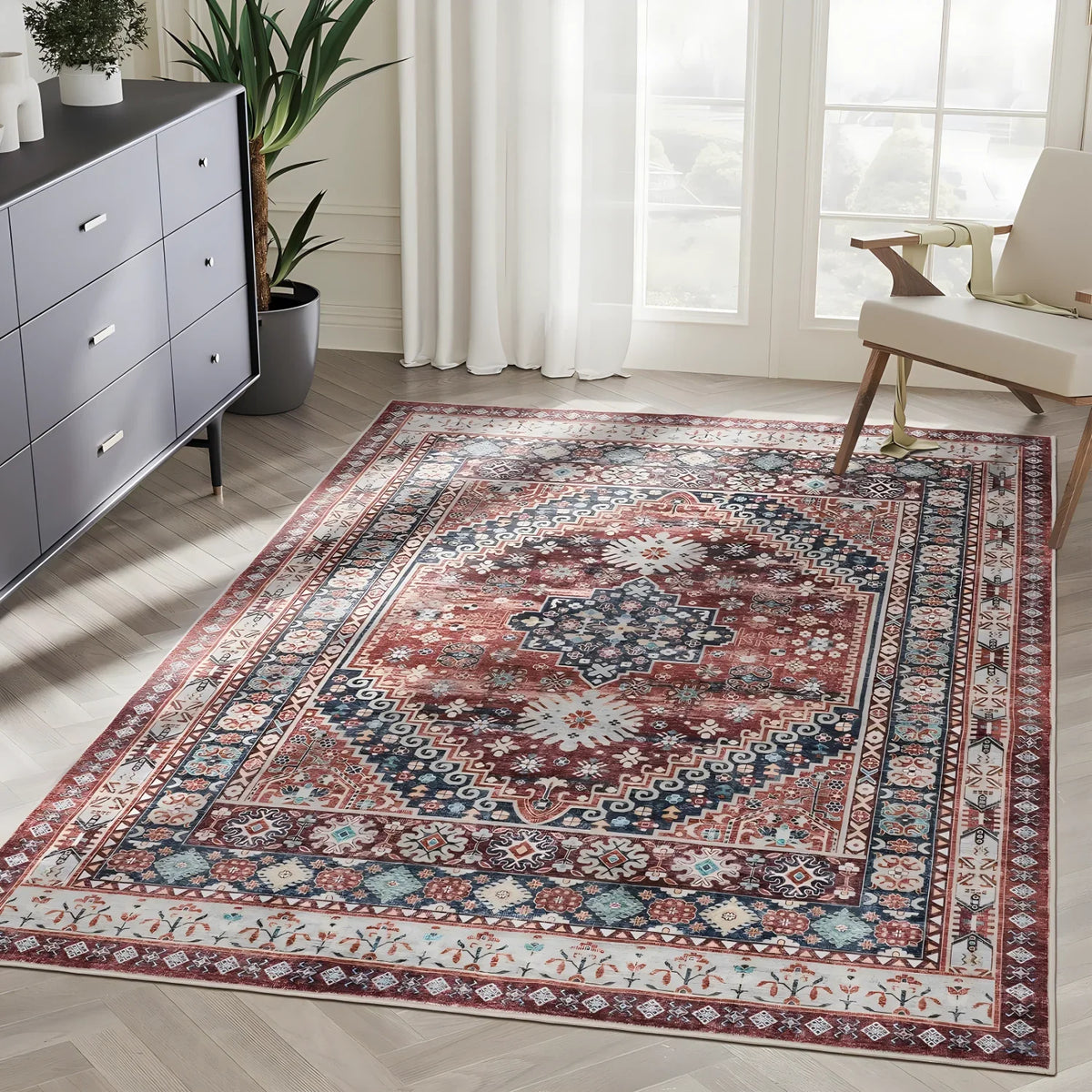 Bohemian Vintage Area Rug – Stain-Resistant Persian Medallion Carpet